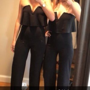 LULUS: strapless black chiffon wide leg jumpsuit